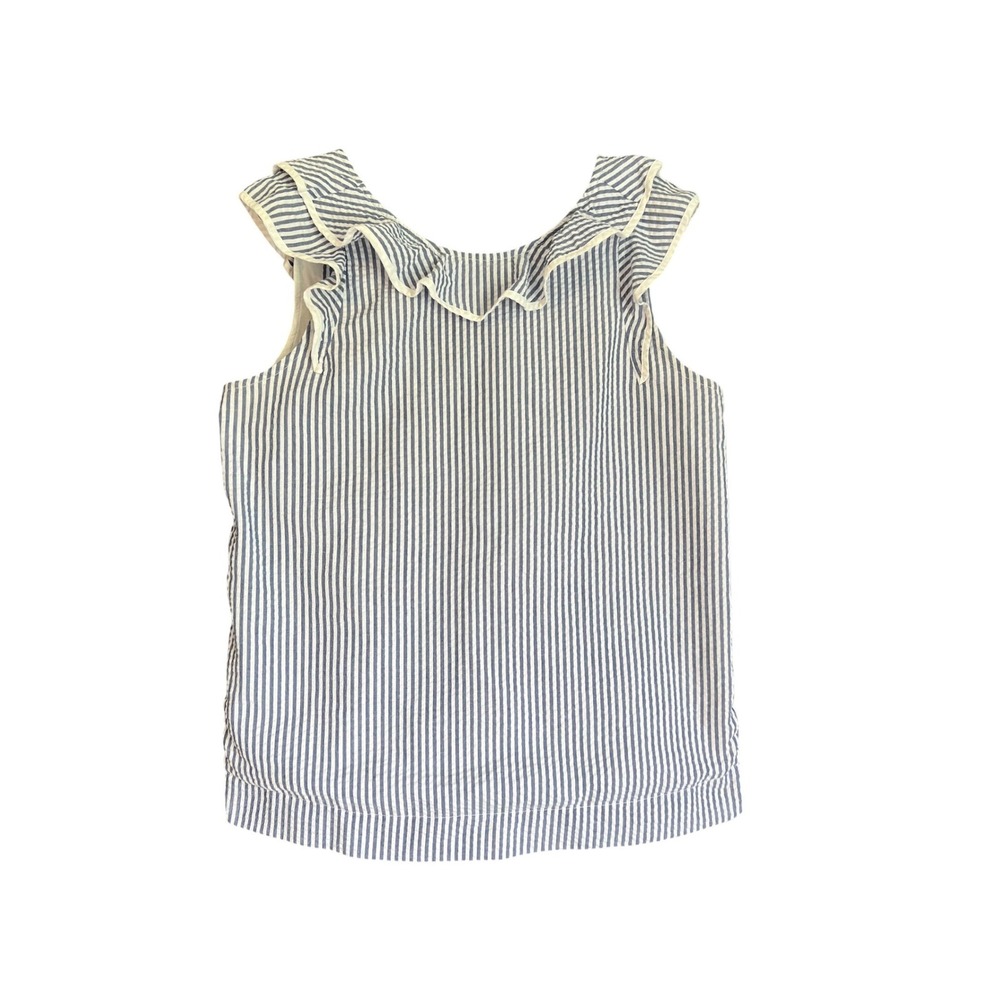Duffield Lane Blue White Striped Seersucker Ruffle Collar Sleeveless Top Large